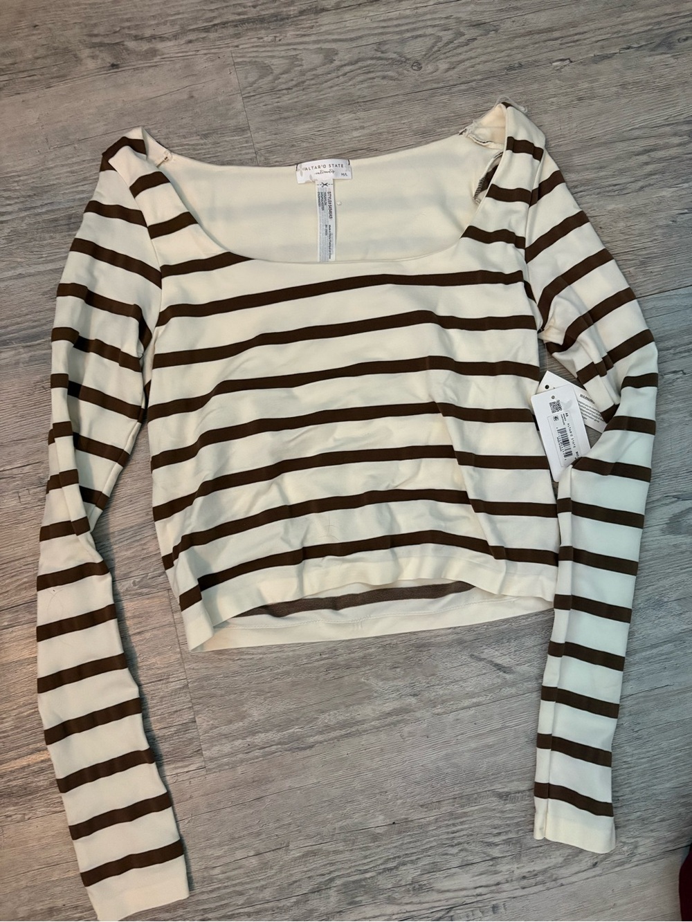 Altar'd State Cream and Brown Striped Square-Neck Long Sleeve Top